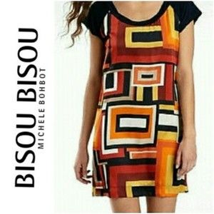 NWT SCARF PRINT TUNIC DRESS SATIN SHORT ORANGE NAVY BLUE GEOMETRIC PRINT WOMENS